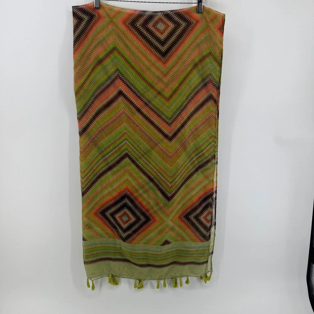 Oversized Boho Scarf Shawl Wrap Green Orange Geometric Chevron Tassel Fringe